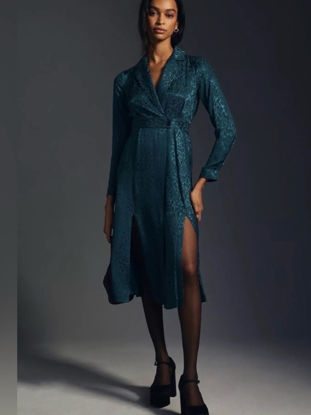 Women's Teal Lace Long Sleeve Jacquard Wrap Dress